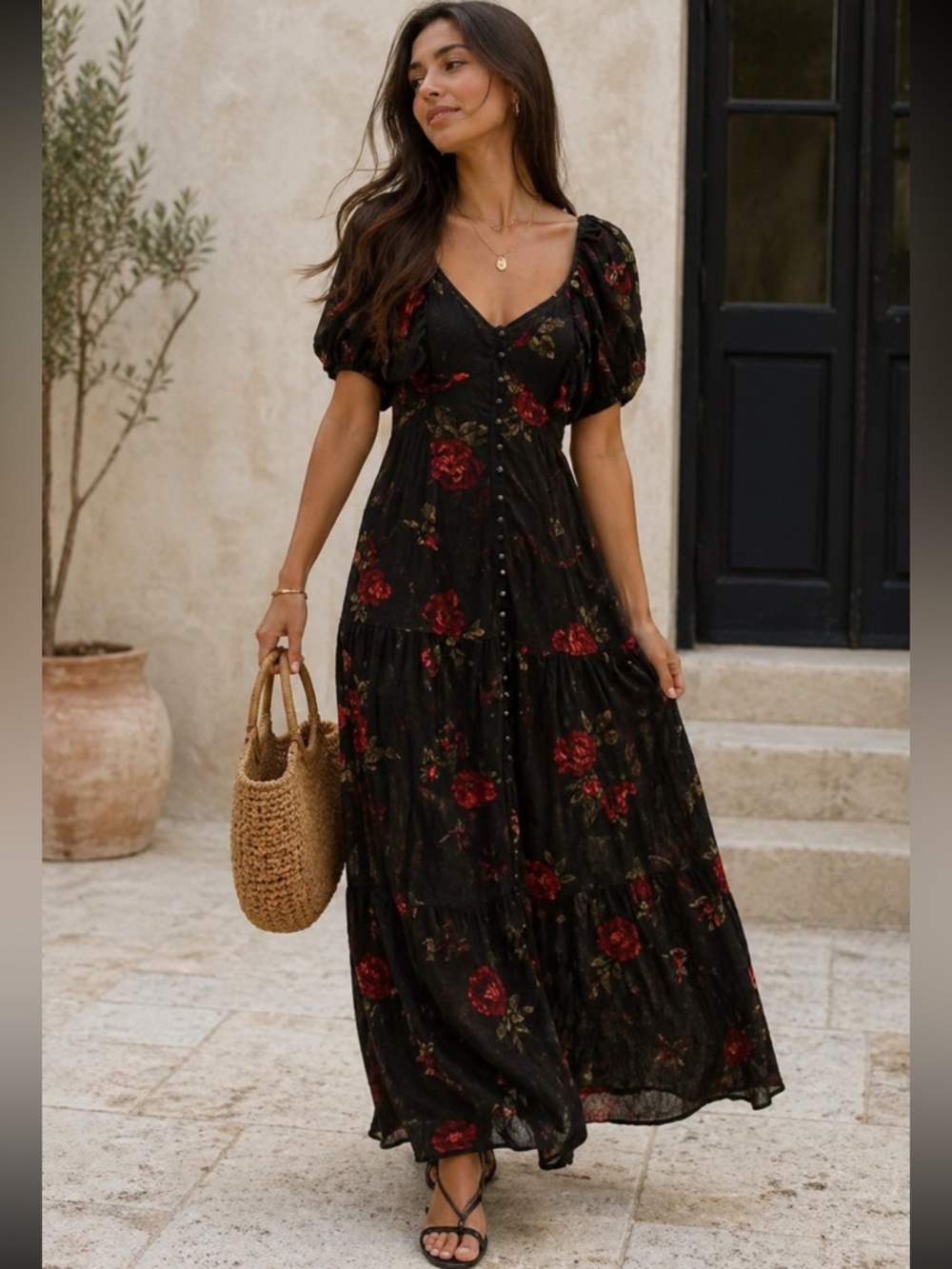 Free People Lace Floral Maxi Dress XS NWT Button Front Boho Slit